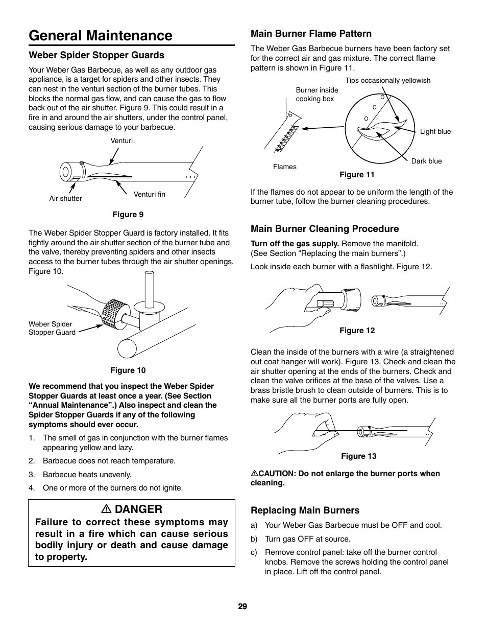 General maintenance, Weber spider stopper guards, Main burner flame pattern | Main burner cleaning procedure, Replacing main burners, Ƽ danger | weber 730 Series User Manual | Page 29 / 36
