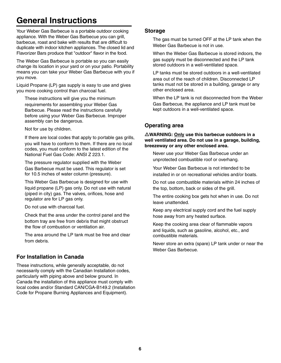 General instructions, For installation in canada, Storage | Operating area | weber 730 Series User Manual | Page 6 / 36