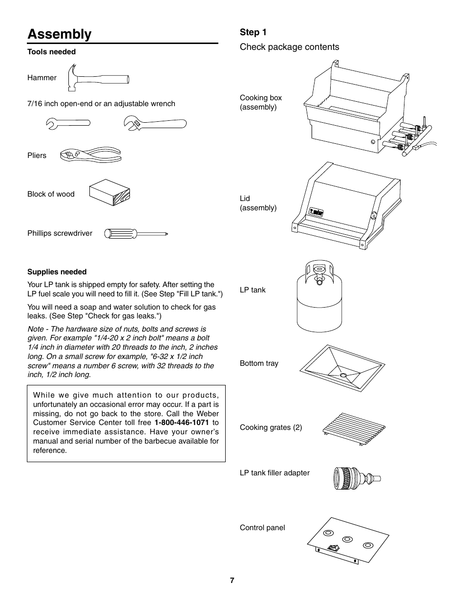 Assembly, Tools needed, Supplies needed | Check package contents | weber 730 Series User Manual | Page 7 / 36