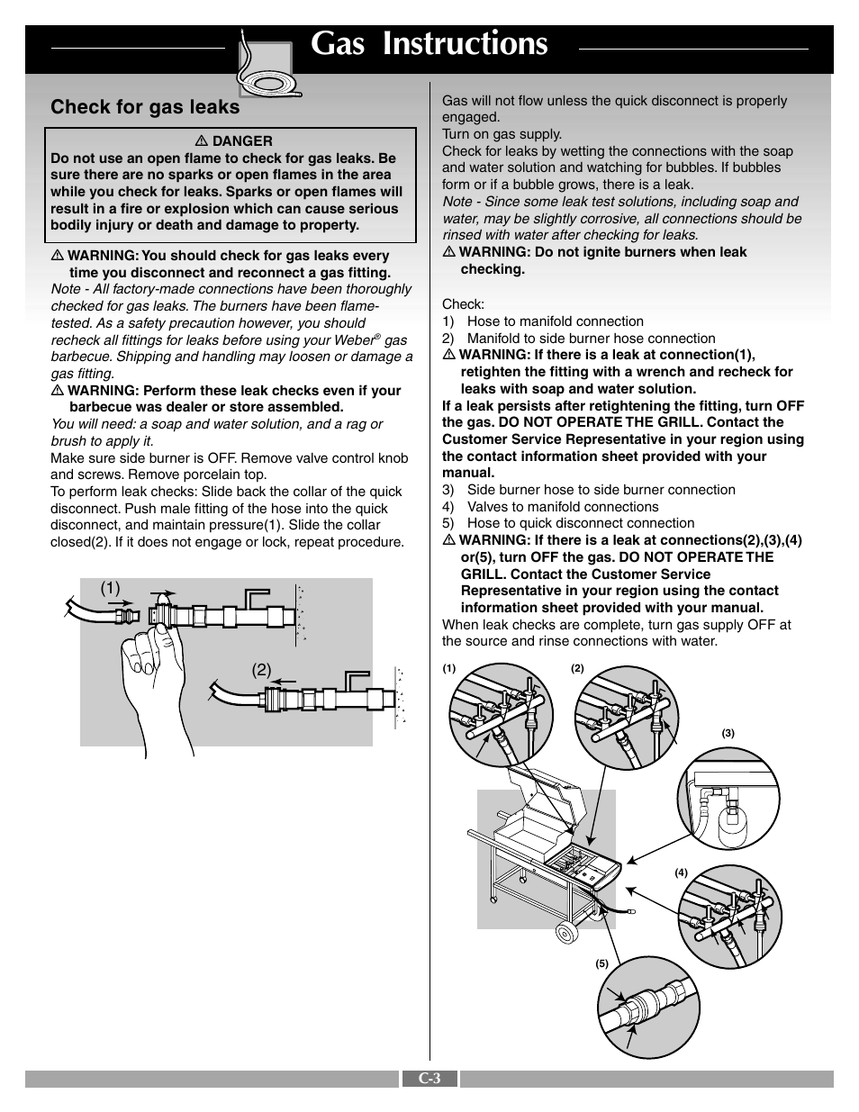 Gas instructions, Check for gas leaks | weber 55283 User Manual | Page 23 / 30