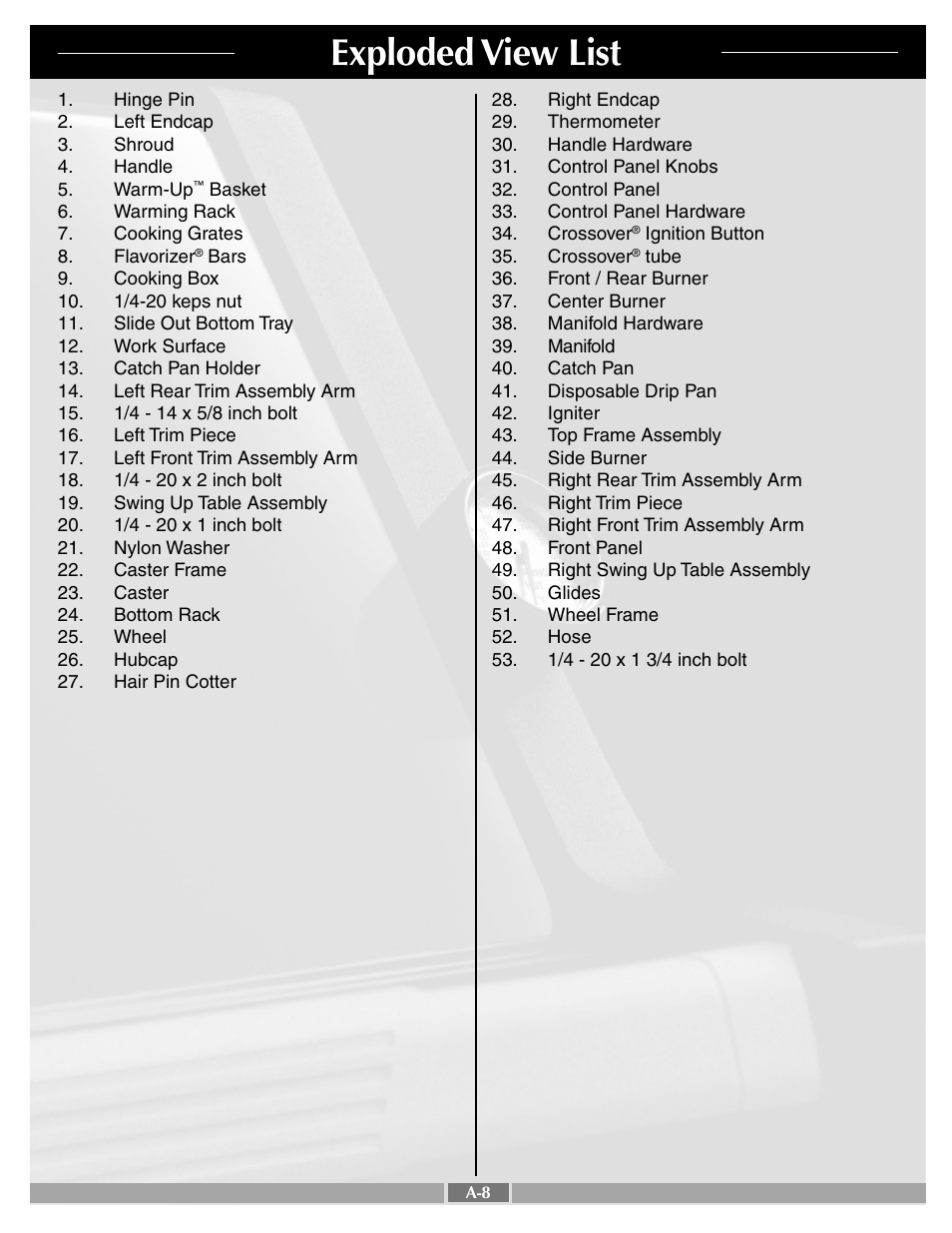 Exploded view list | weber 55283 User Manual | Page 8 / 30