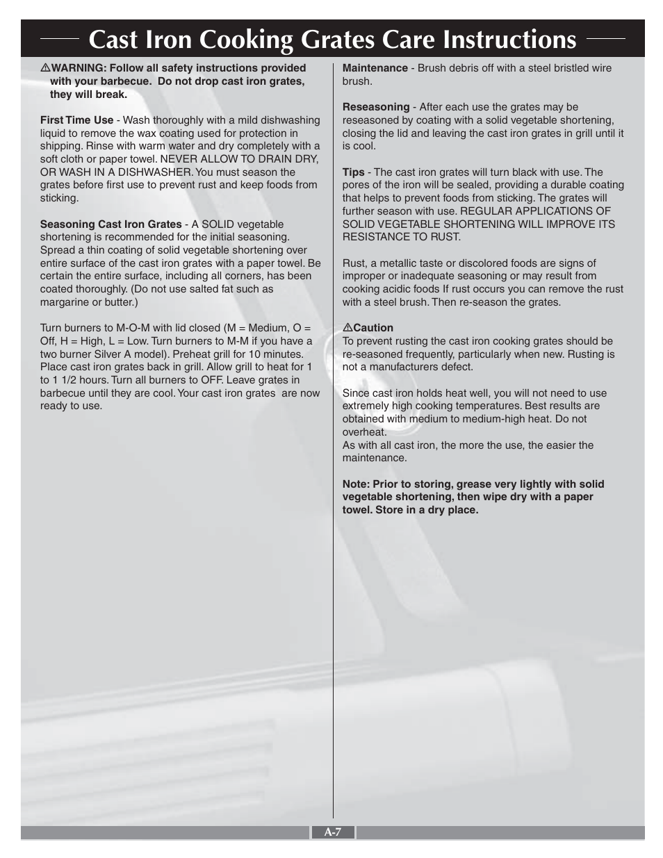 Cast iron cooking grates care instructions | weber Genesis Silver A 55275 User Manual | Page 7 / 26