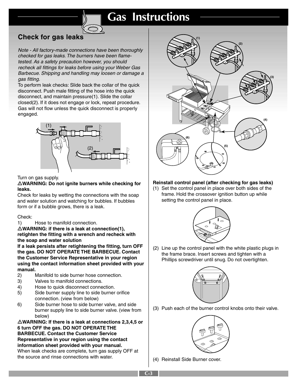 Gas instructions, Check for gas leaks | weber Platinum C User Manual | Page 17 / 27