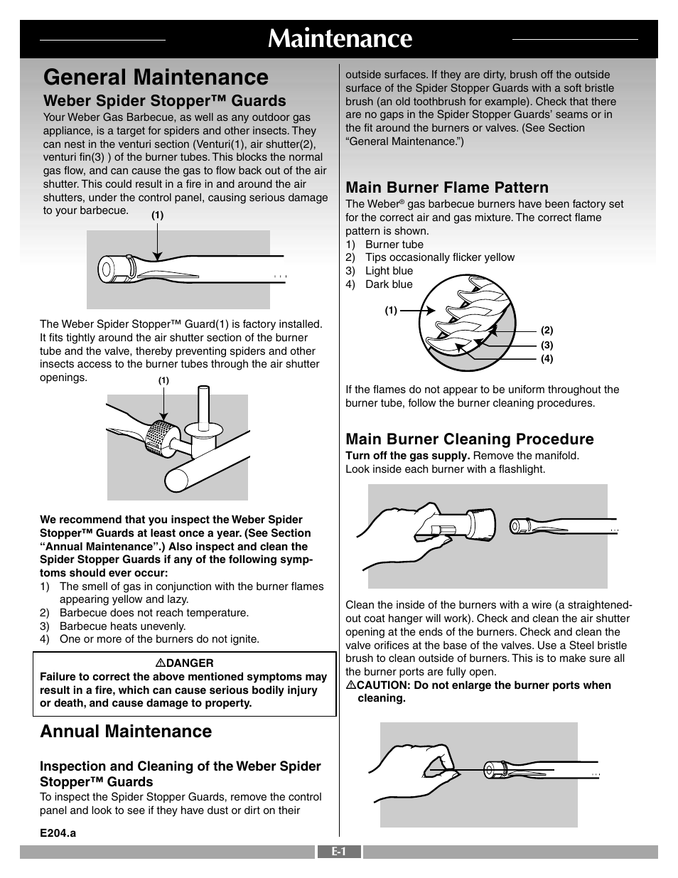 Maintenance, General maintenance, Annual maintenance | Main burner flame pattern, Main burner cleaning procedure, Weber spider stopper™ guards | weber Platinum C User Manual | Page 25 / 27