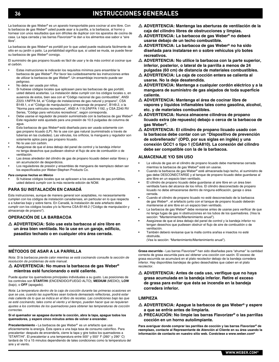 Instrucciones generales | weber E/S 650 User Manual | Page 36 / 84