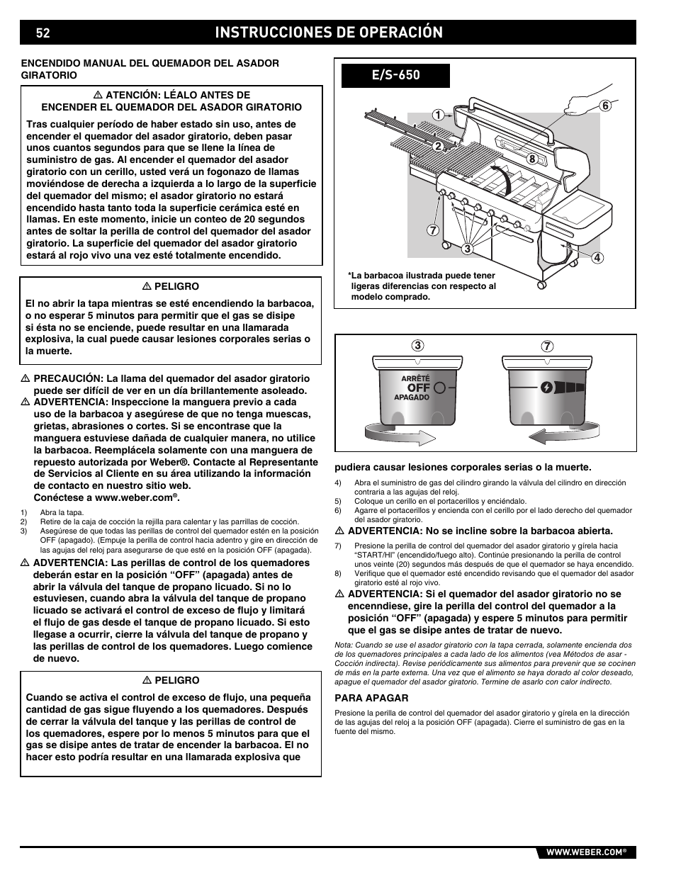 Instrucciones de operación, E/s-650 | weber E/S 650 User Manual | Page 52 / 84