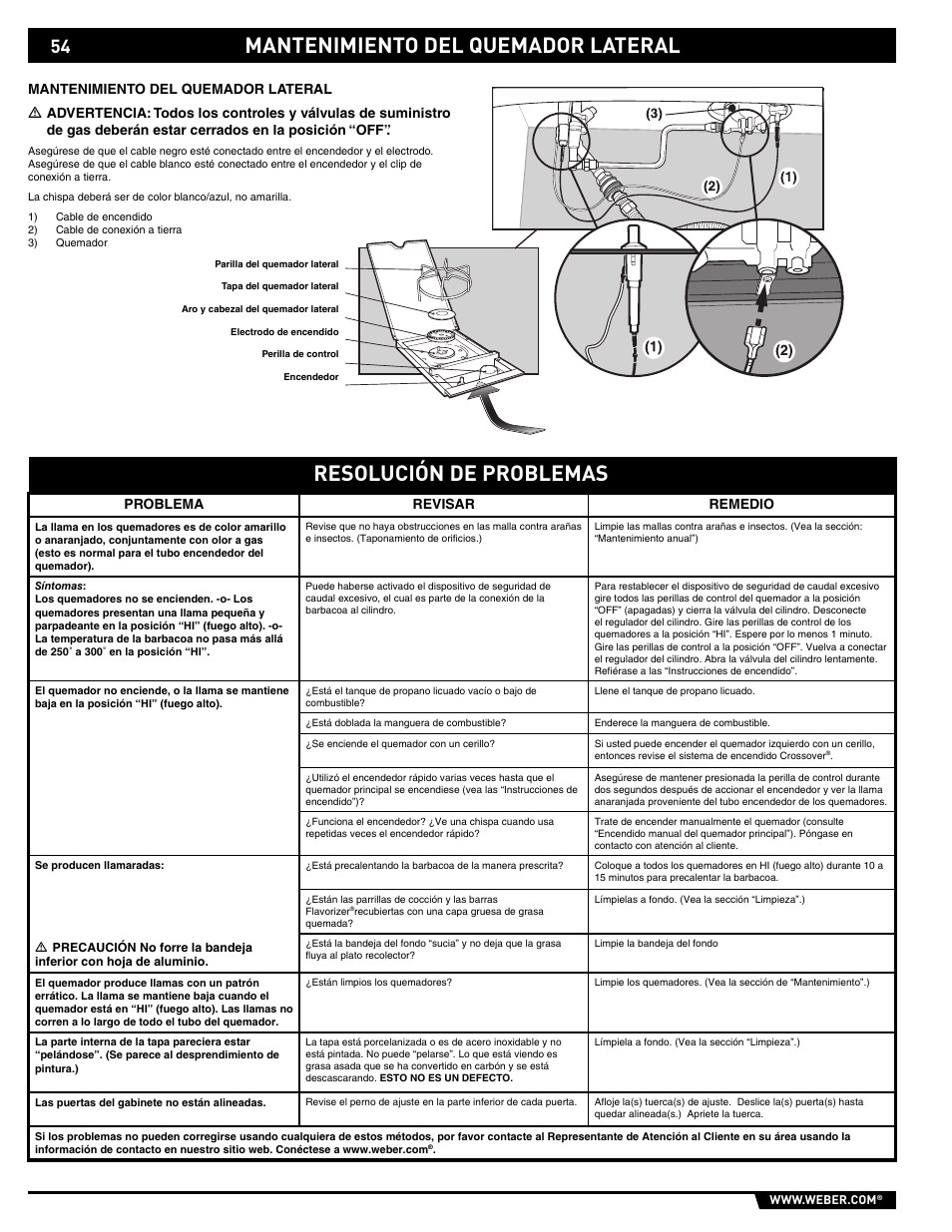 Resolución de problemas, Mantenimiento del quemador lateral | weber E/S 650 User Manual | Page 54 / 84