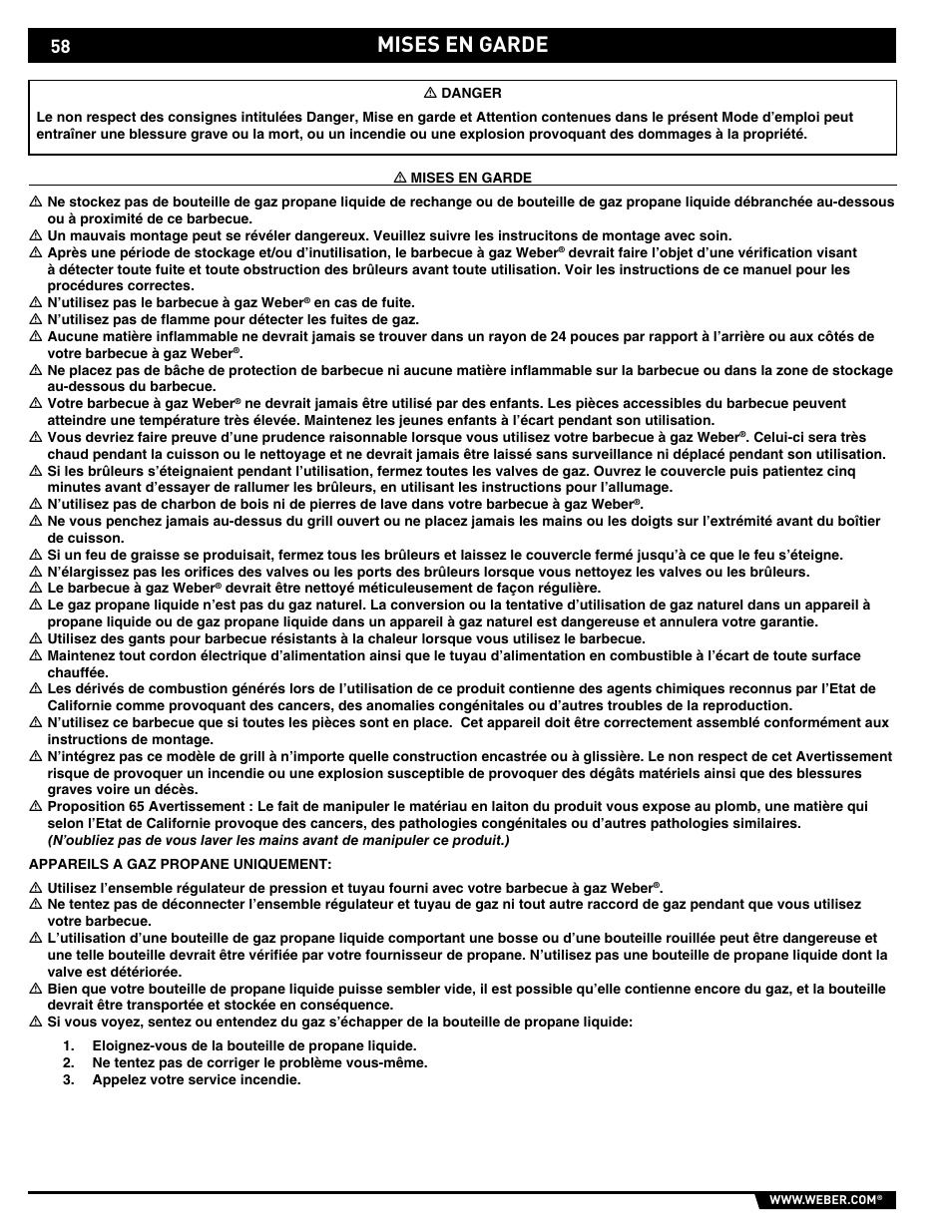 Dangers and warnings, Mises en garde | weber E/S 650 User Manual | Page 58 / 84
