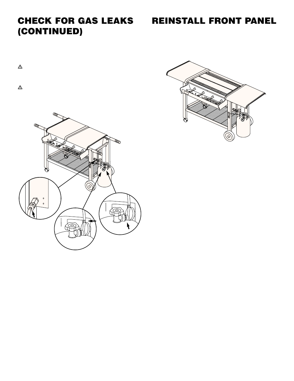 Reinstall front panel, Check for gas leaks (continued) | weber 400 User Manual | Page 12 / 16