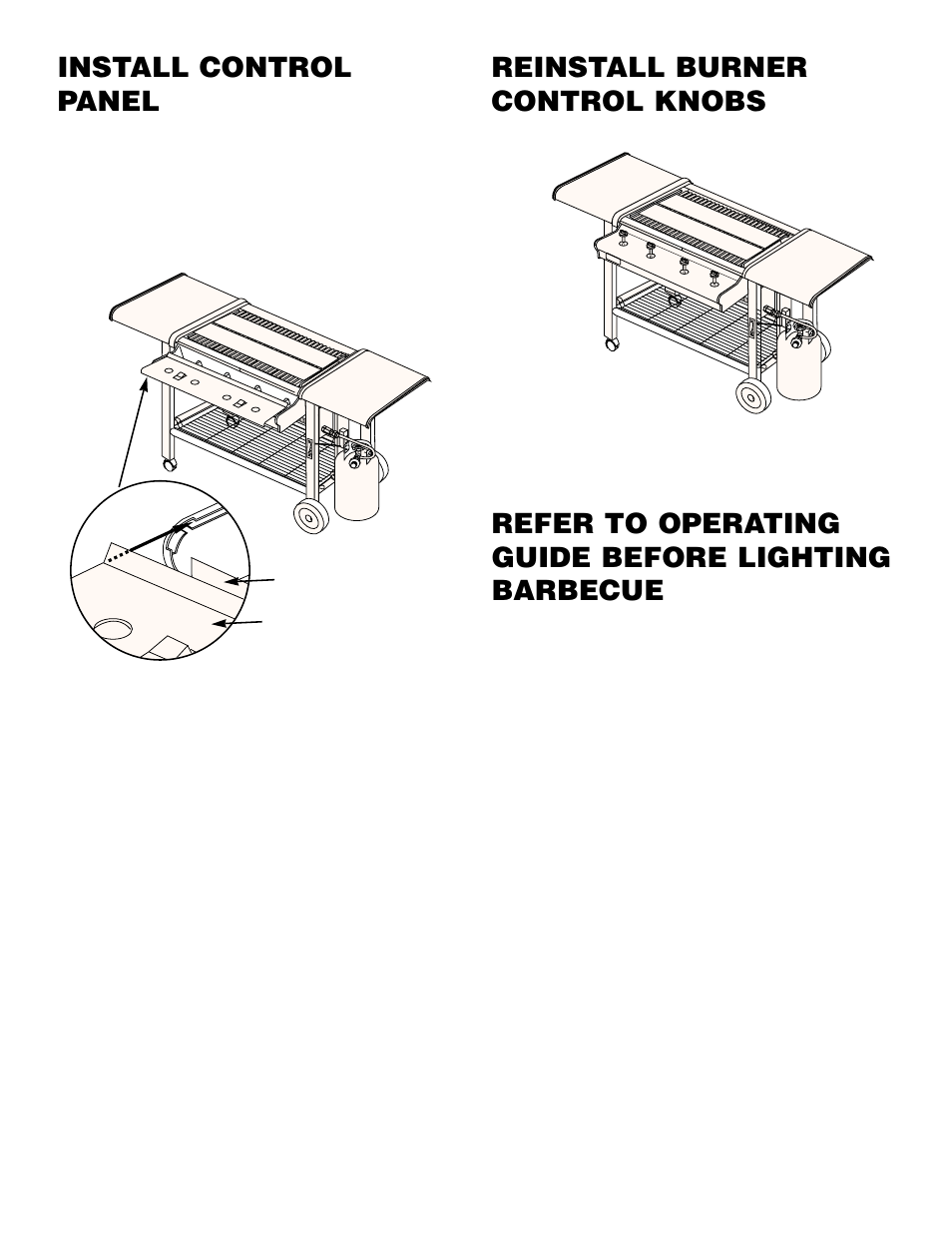 Install control panel, Reinstall burner control knobs, Refer to operating guide before lighting barbecue | weber 400 User Manual | Page 13 / 16