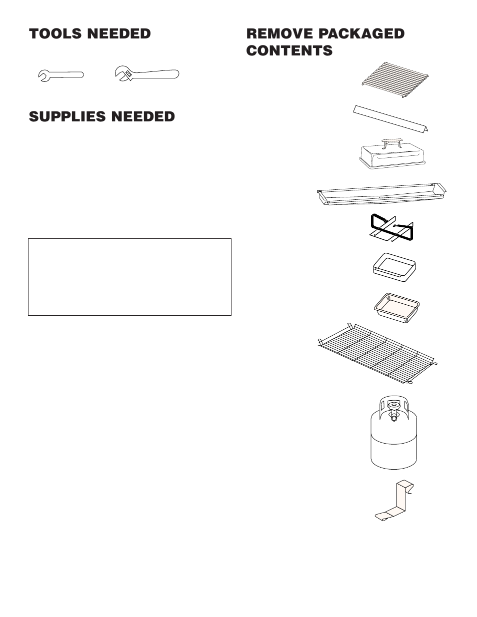 Tools needed, Supplies needed, Remove packaged contents | Tools needed supplies needed | weber 400 User Manual | Page 2 / 16