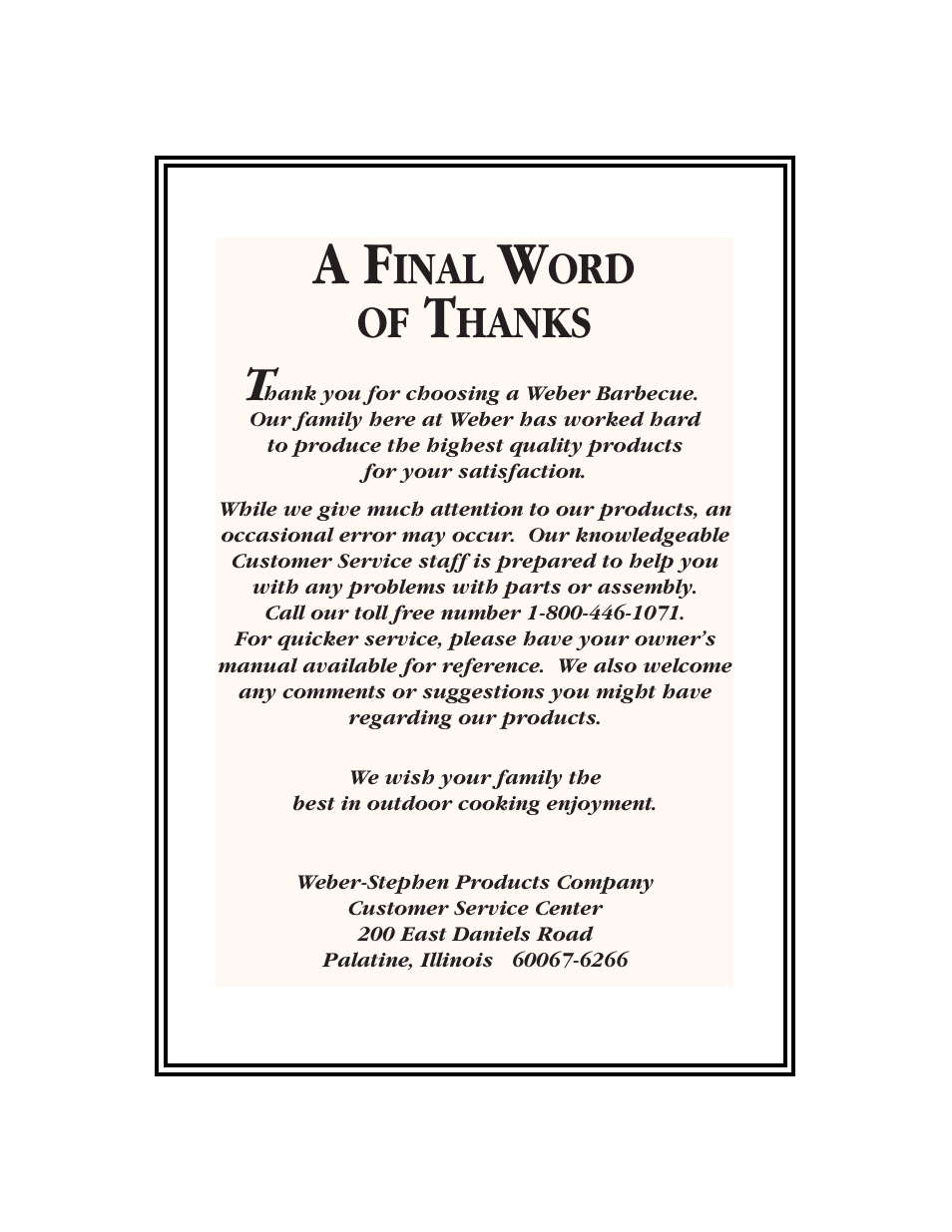 A final word of thanks, Inal, Ord of | Hanks | weber 2000 LX Series User Manual | Page 32 / 32