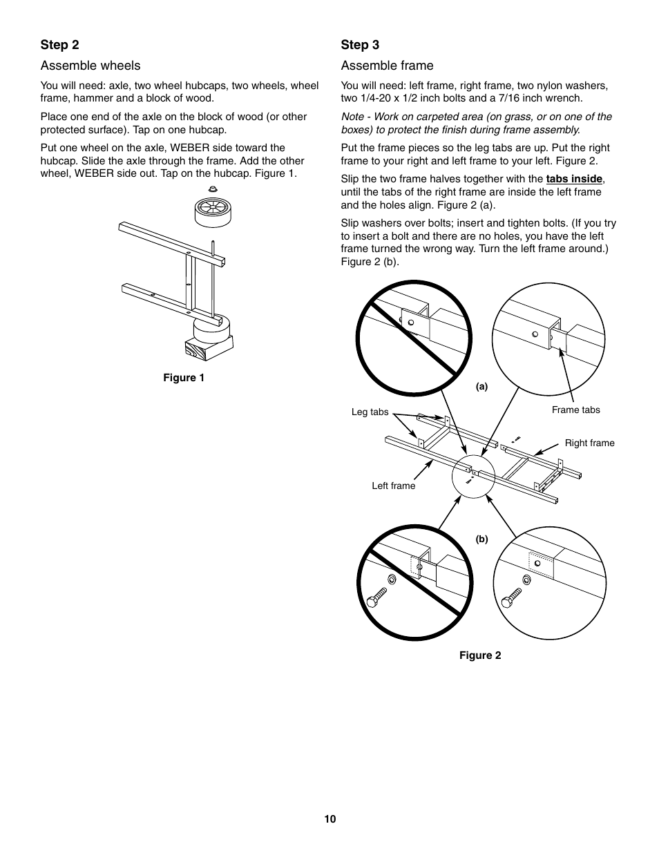 Assemble wheels, Assemble frame, Step 2 assemble wheels | Step 3 assemble frame | weber 2300 User Manual | Page 10 / 36
