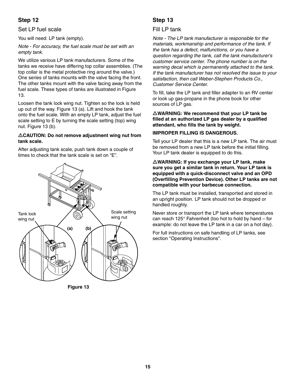 Set lp fuel scale, Fill lp tank, Step 12 set lp fuel scale | Step 13 fill lp tank | weber 2300 User Manual | Page 15 / 36