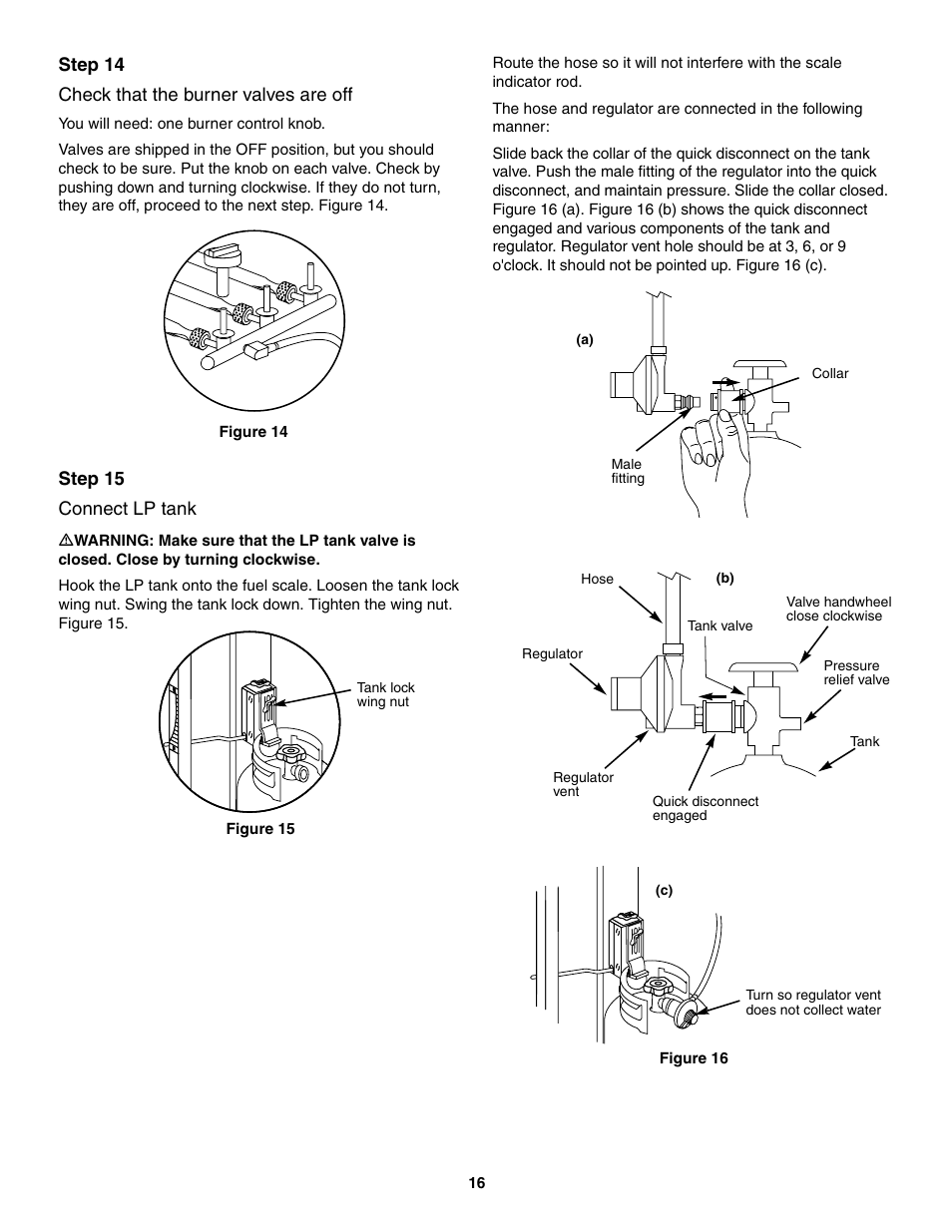 Check that the burner valves are off, Connect lp tank, Step 14 check that the burner valves are off | Step 15 connect lp tank | weber 2300 User Manual | Page 16 / 36