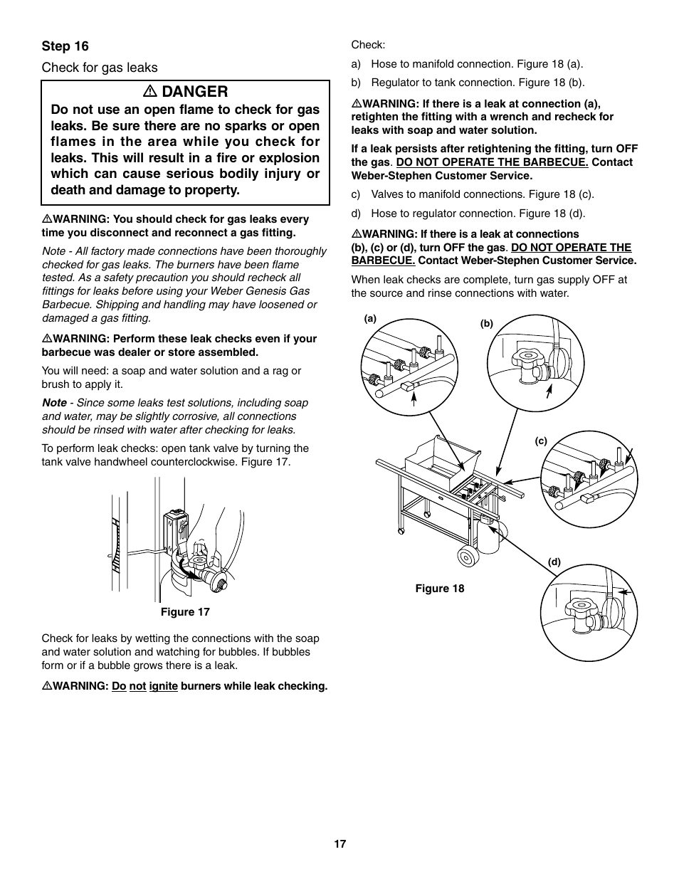 Check for gas leaks, Ƽ danger, Step 16 check for gas leaks | weber 2300 User Manual | Page 17 / 36