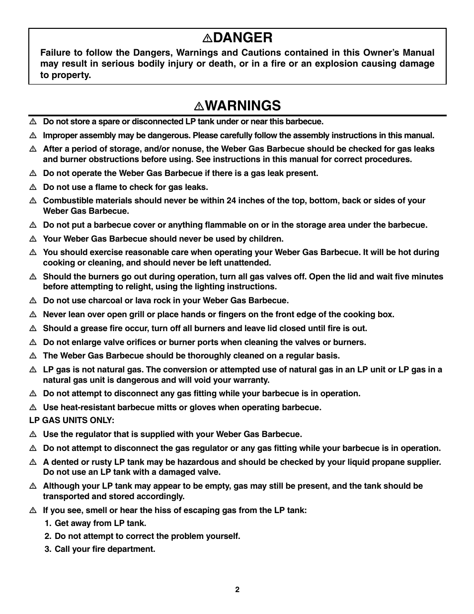 Danger, Warnings | weber 2300 User Manual | Page 2 / 36