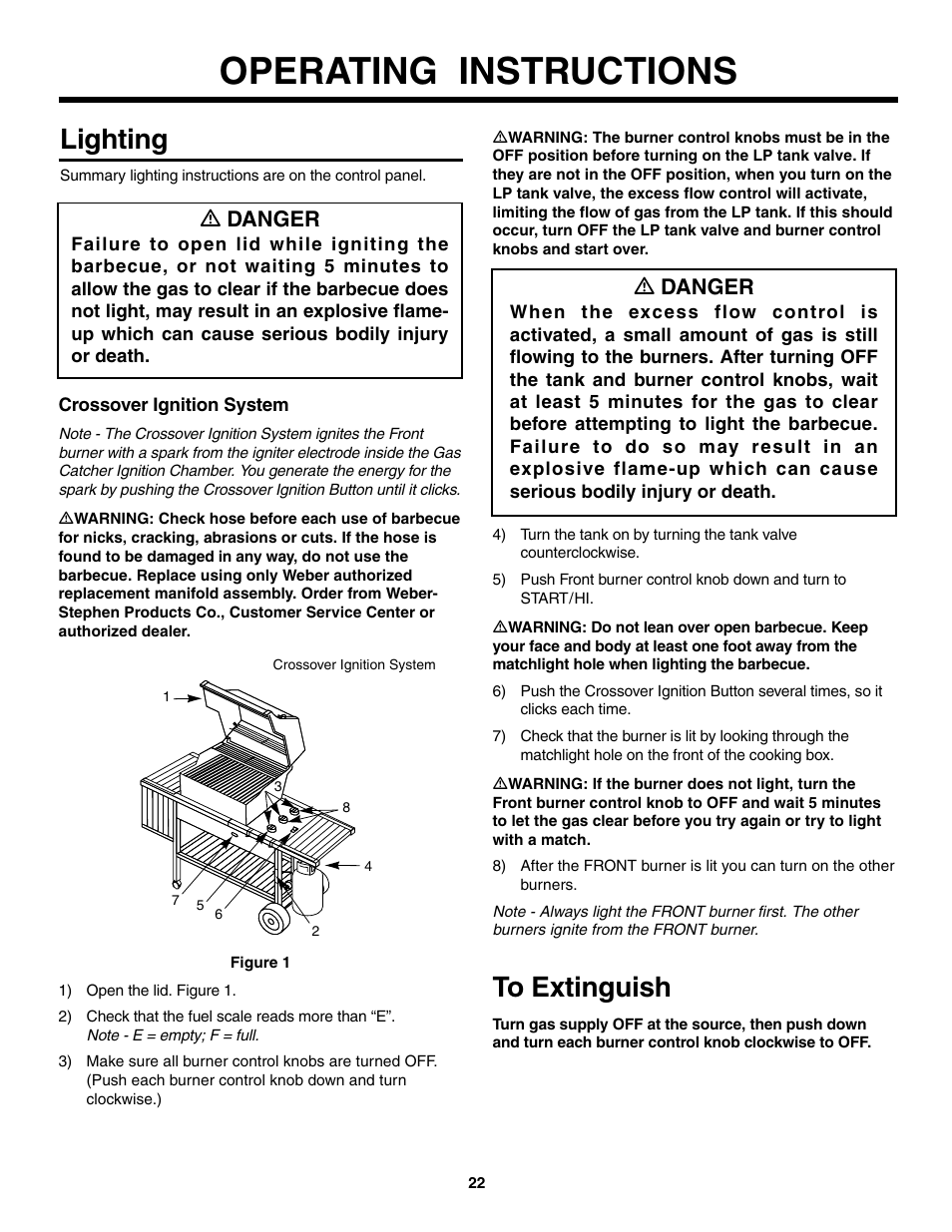 Operating instructions, Lighting, Crossover ignition system | To extinguish, Ƽ danger | weber 2300 User Manual | Page 22 / 36