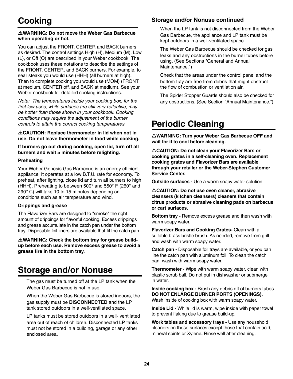 Cooking, Storage and/or nonuse, Periodic cleaning | weber 2300 User Manual | Page 24 / 36