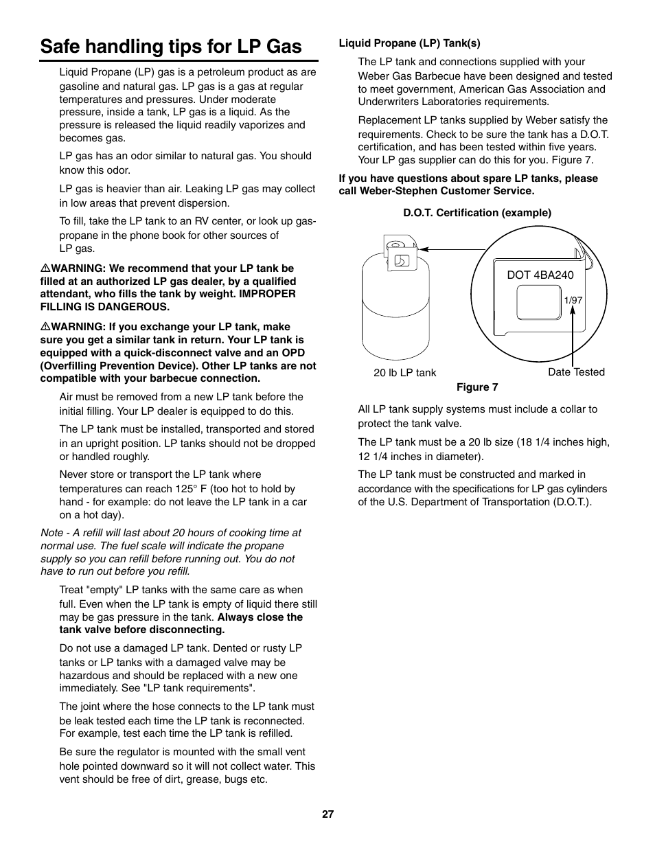 Safe handling tips for lp gas | weber 2300 User Manual | Page 27 / 36