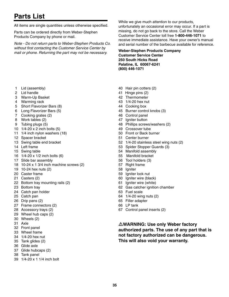 Parts list | weber 2300 User Manual | Page 35 / 36