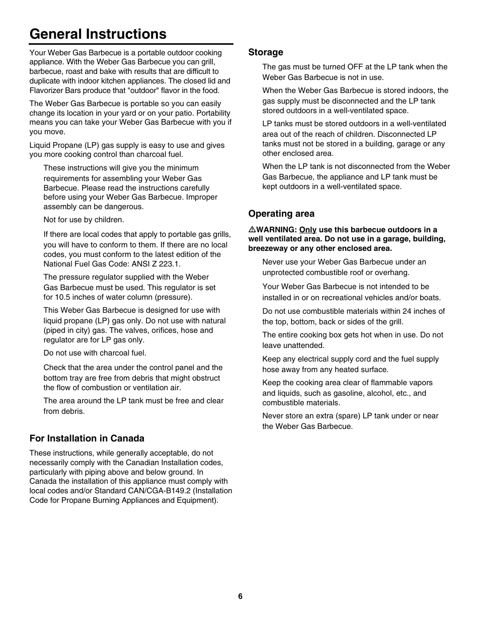 General instructions, For installation in canada, Storage | Operating area | weber 2300 User Manual | Page 6 / 36