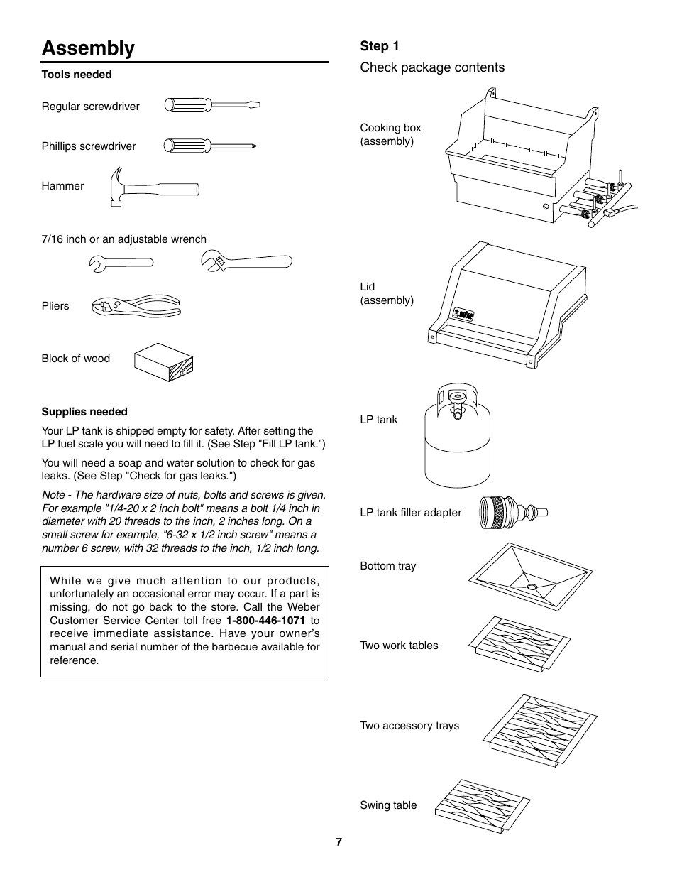 Assembly, Tools needed, Supplies needed | Check package contents | weber 2300 User Manual | Page 7 / 36