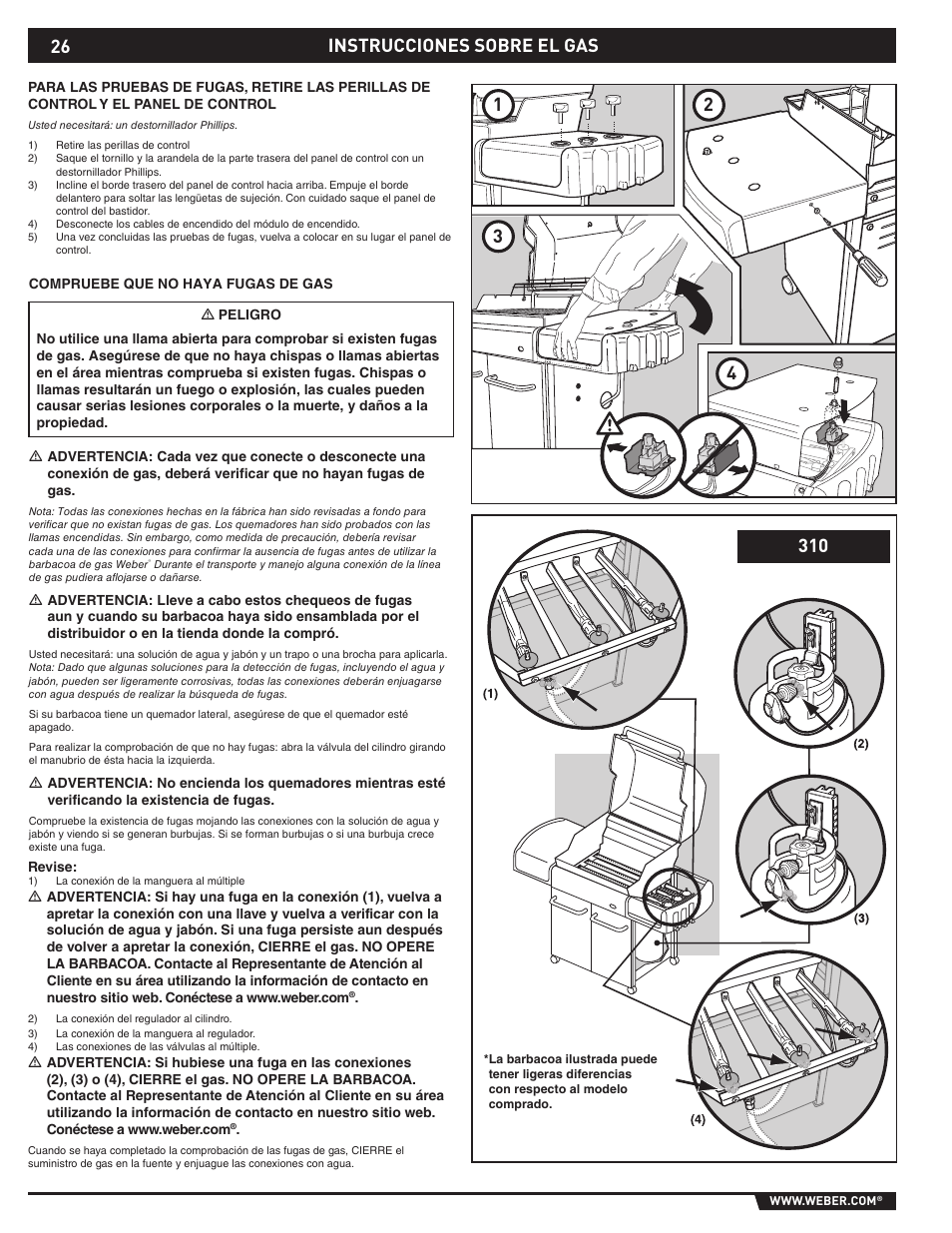 Gas instructions, Instrucciones sobre el gas 1 2 3 4 | weber EP -310/320 User Manual | Page 26 / 56