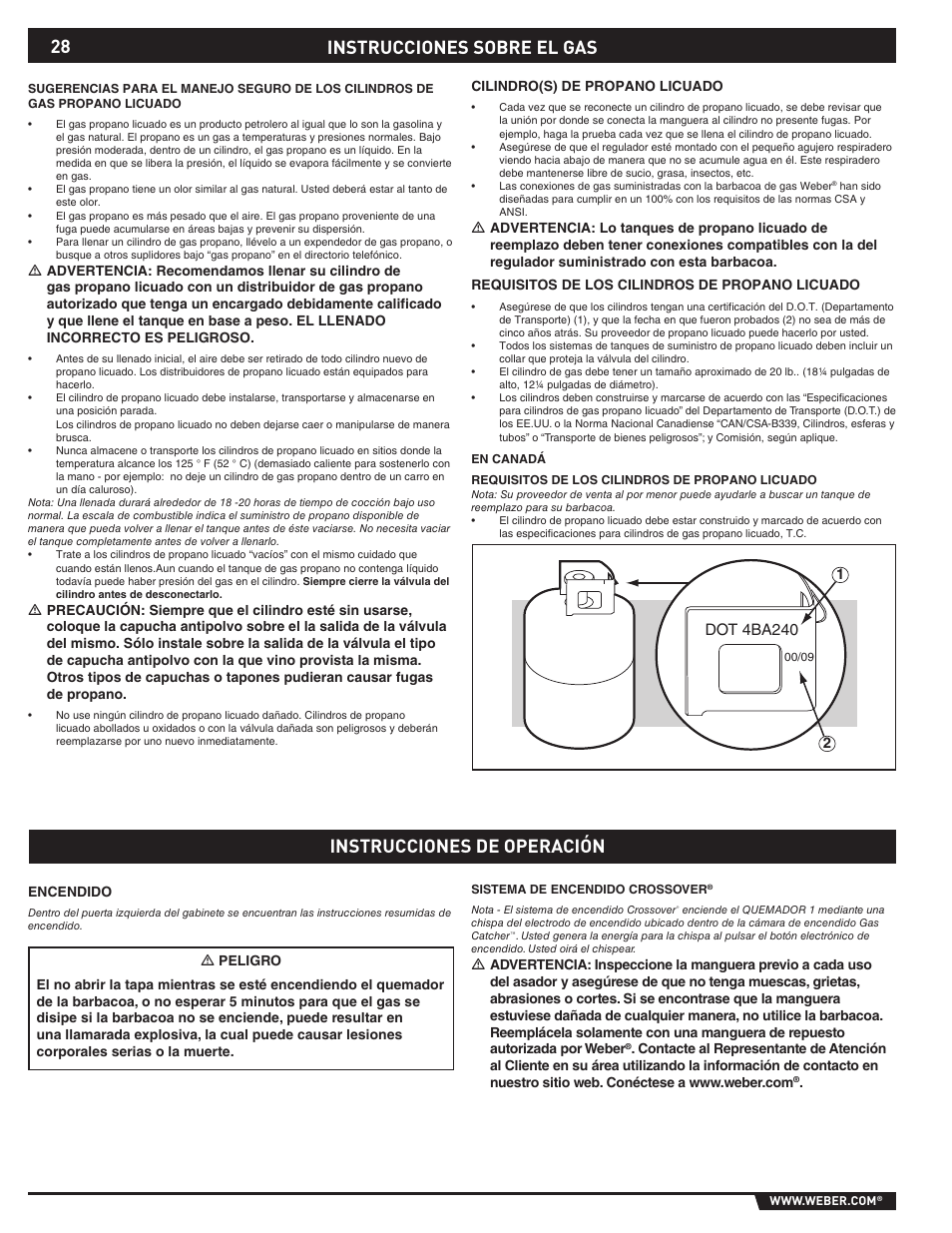 Gas instructions, Instrucciones sobre el gas, Instrucciones de operación | weber EP -310/320 User Manual | Page 28 / 56