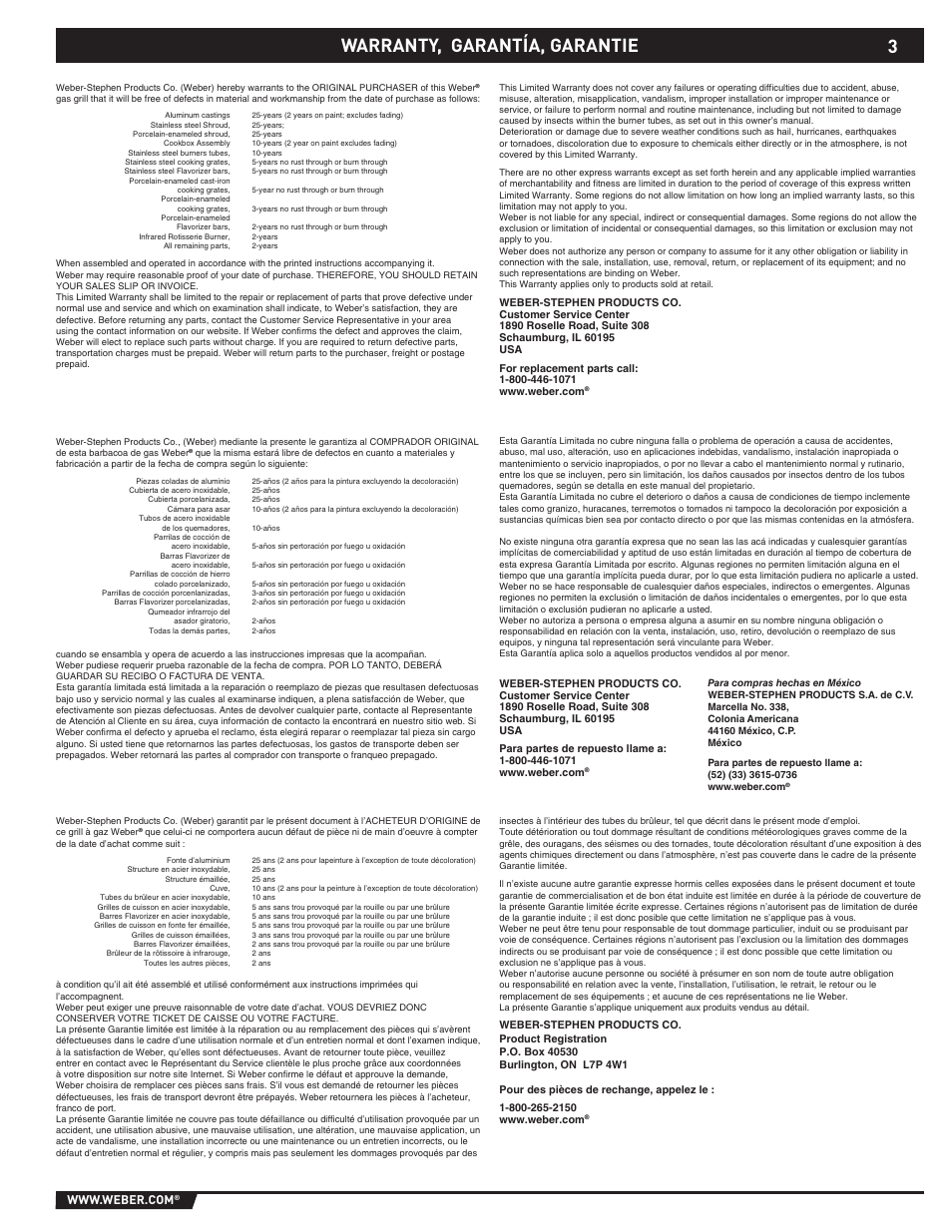Warranty, Warranty, garantía, garantie | weber EP -310/320 User Manual | Page 3 / 56