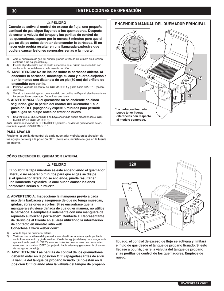 Instrucciones de operación 320, Encendido manual del quemador principal | weber EP -310/320 User Manual | Page 30 / 56
