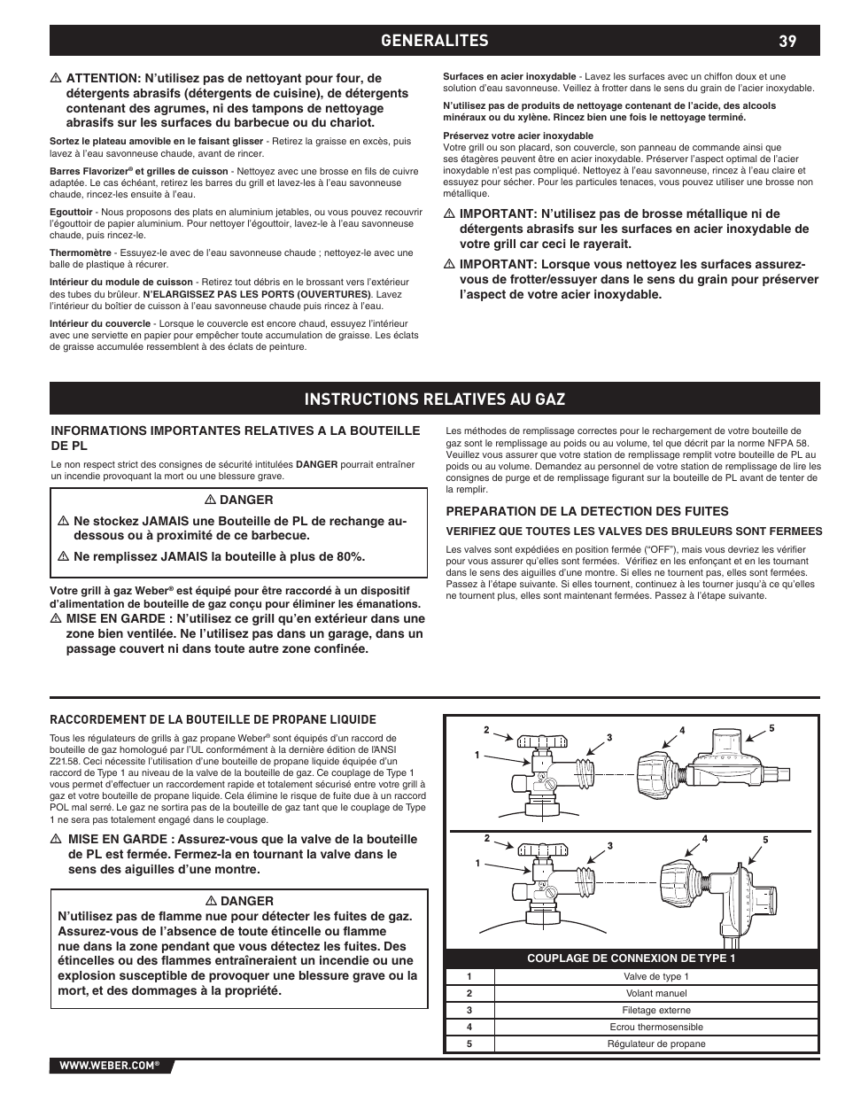 39 generalites, Instructions relatives au gaz | weber EP -310/320 User Manual | Page 39 / 56