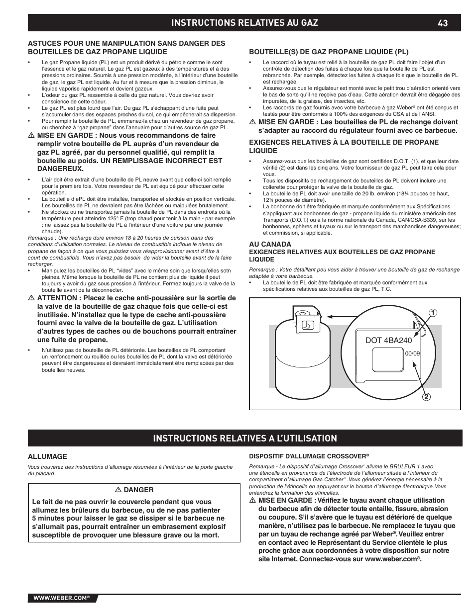 Gas instructions, Instructions relatives au gaz, Instructions relatives a l’utilisation | weber EP -310/320 User Manual | Page 43 / 56