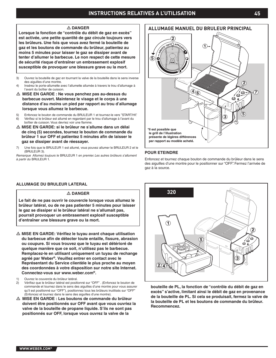 Operating instructions, Instructions relatives a l’utilisation, Allumage manuel du bruleur principal | weber EP -310/320 User Manual | Page 45 / 56