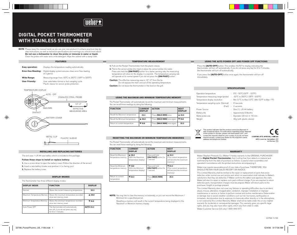 weber Digital Pocket Thermometer User Manual | 2 pages