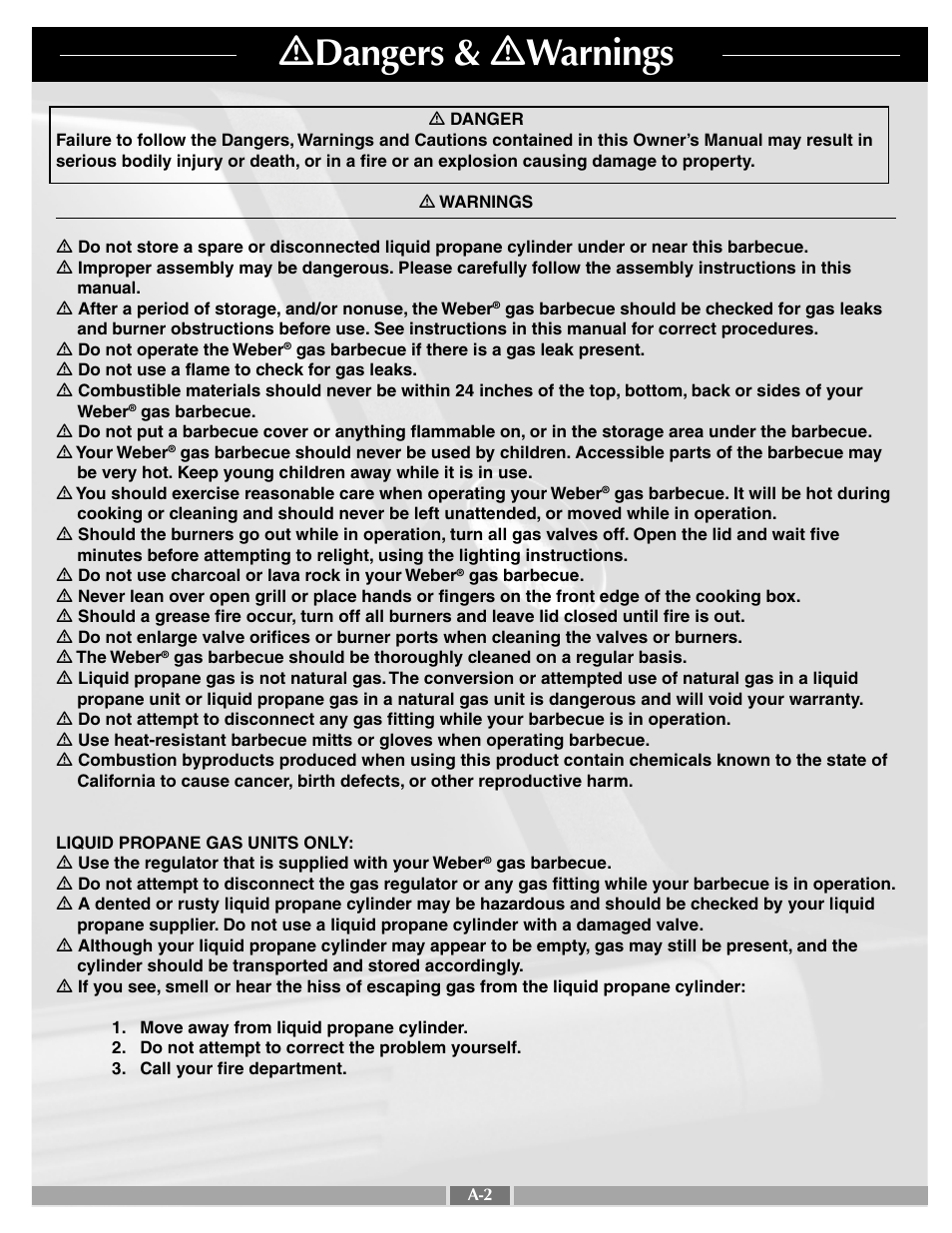 Ƽ dangers & ƽ warnings | weber 55249 User Manual | Page 2 / 32