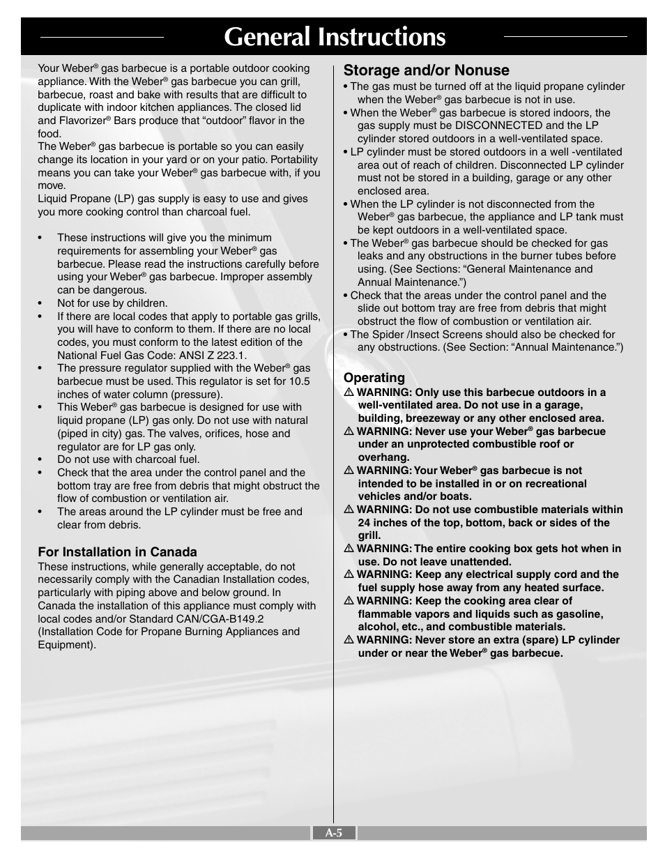 General instructions, Storage and/or nonuse, For installation in canada | Operating | weber 55249 User Manual | Page 5 / 32
