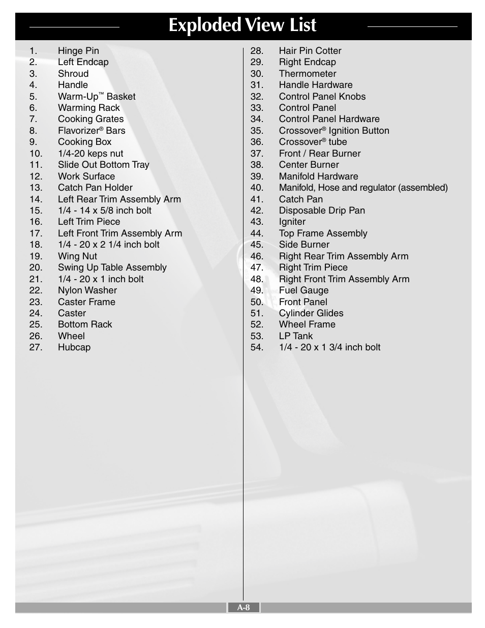 Exploded view list | weber 55249 User Manual | Page 8 / 32
