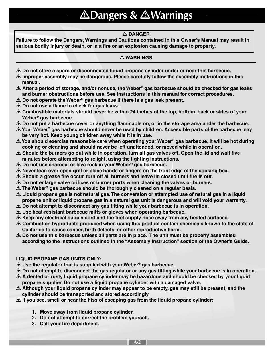 Ƽ dangers & ƽ warnings | weber 42092 User Manual | Page 2 / 47