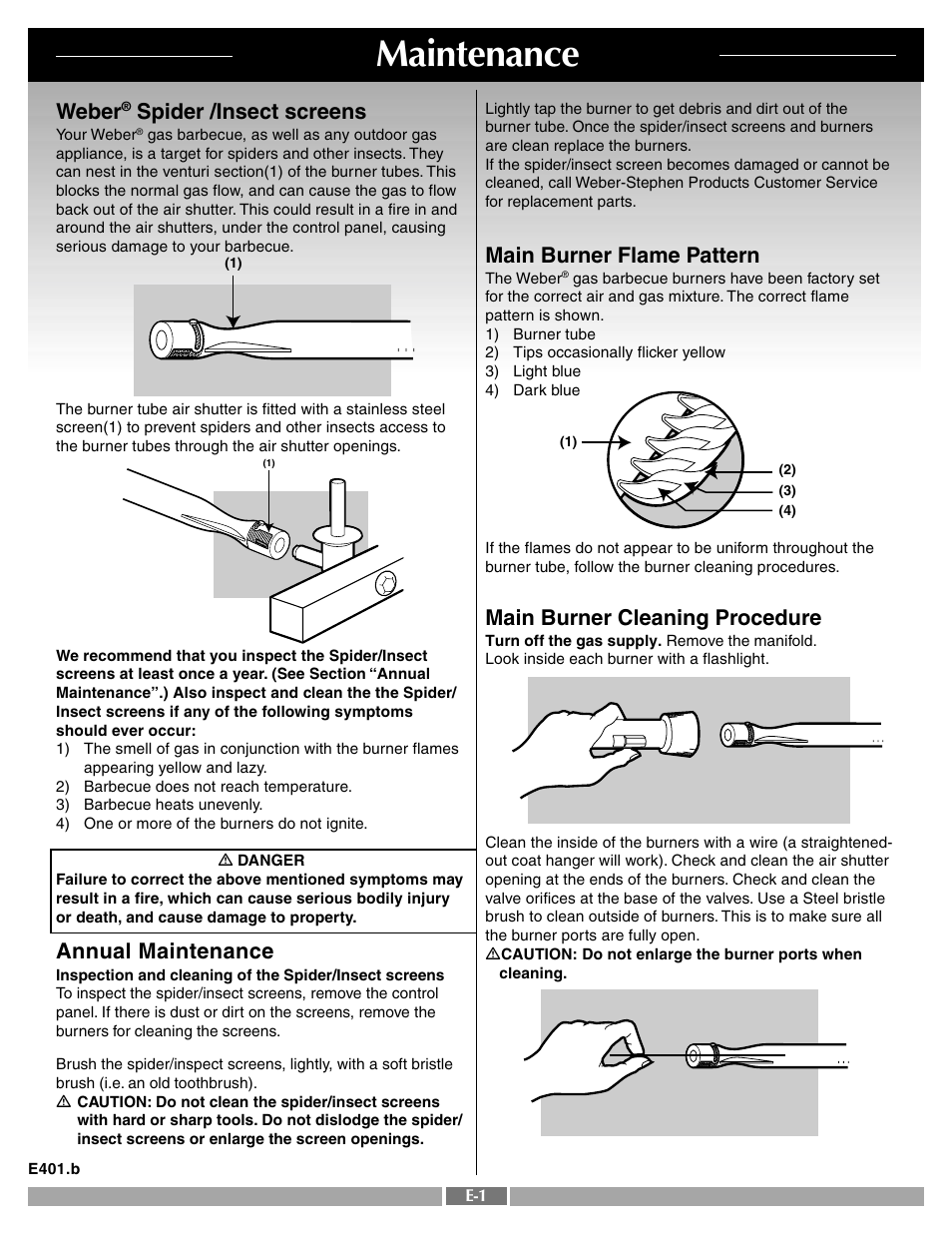 Maintenance, Main burner flame pattern, Main burner cleaning procedure | Weber, Spider /insect screens, Annual maintenance | weber 42092 User Manual | Page 44 / 47