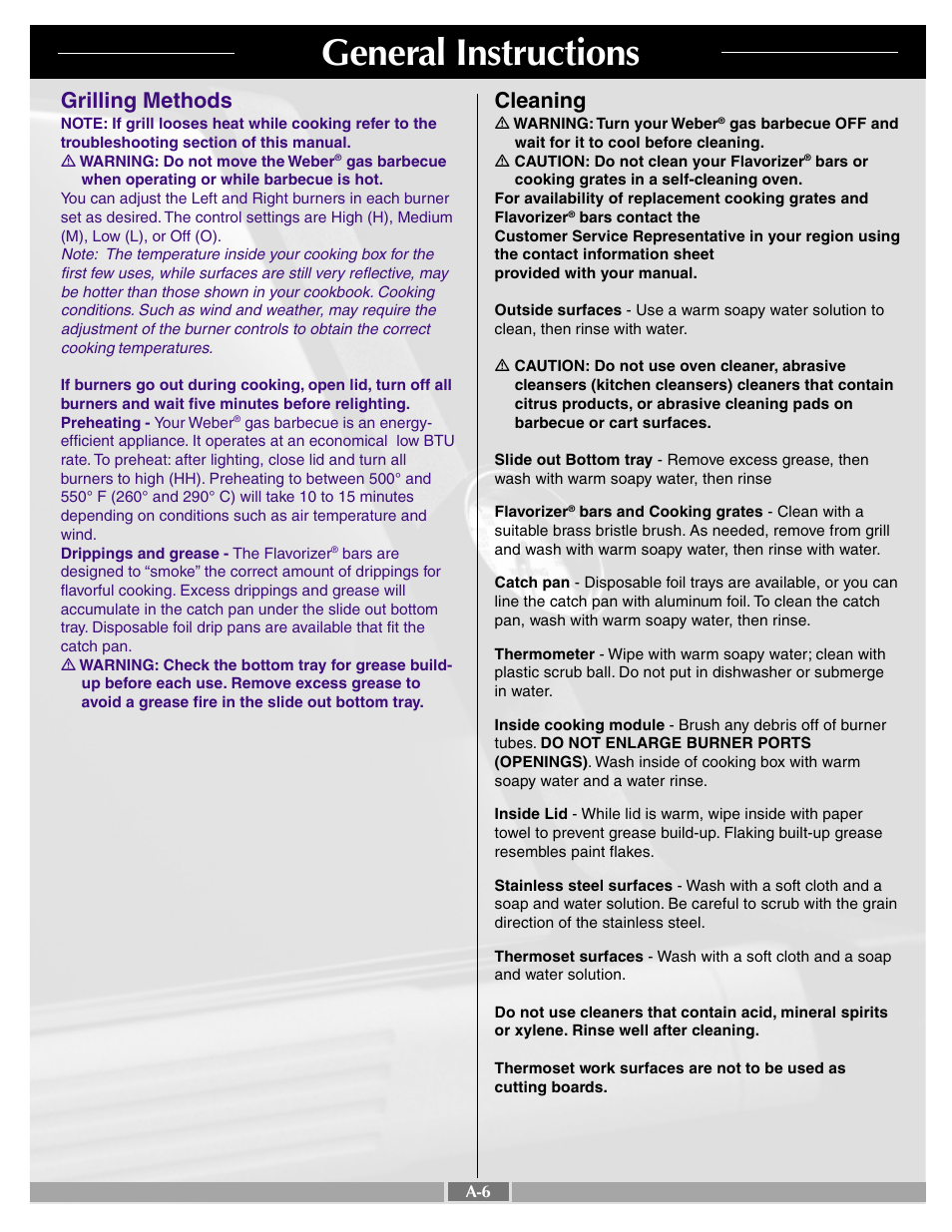 General instructions, Grilling methods, Cleaning | weber 42092 User Manual | Page 6 / 47