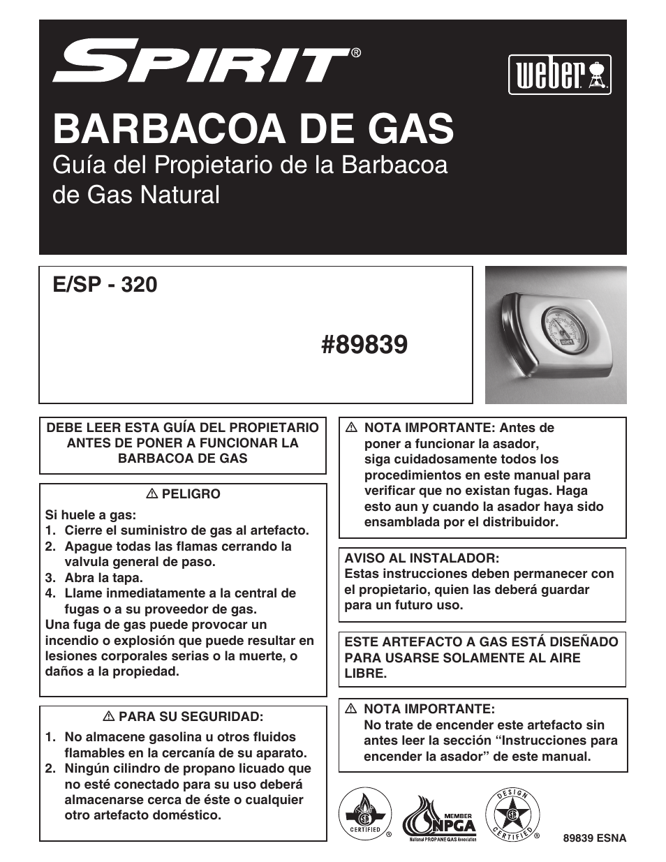 Barbacoa de gas, Guía del propietario de la barbacoa de gas natural, E/sp - 320 | weber 89839 User Manual | Page 16 / 44