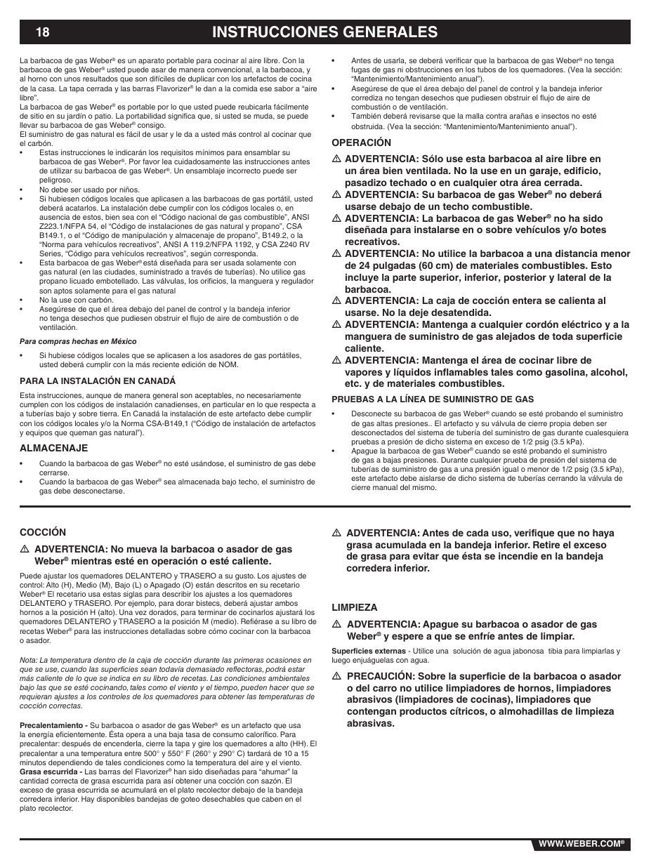 Instrucciones generales, Almacenaje, Mientras esté en operación o esté caliente | Y espere a que se enfríe antes de limpiar | weber 89839 User Manual | Page 18 / 44