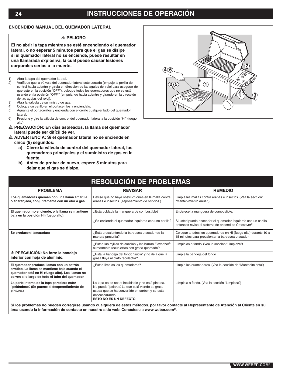Resolución de problemas, Instrucciones de operación | weber 89839 User Manual | Page 24 / 44