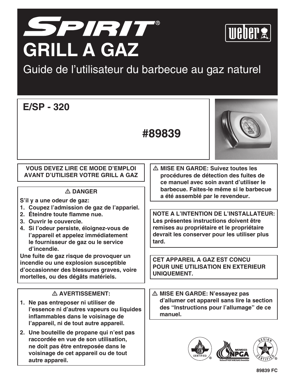 Grill a gaz, Guide de l’utilisateur du barbecue au gaz naturel, E/sp - 320 | weber 89839 User Manual | Page 28 / 44