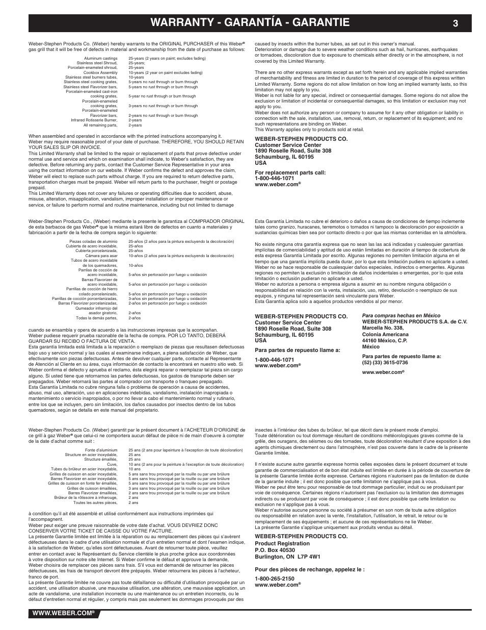Warranty - garantía - garantie | weber 89839 User Manual | Page 3 / 44