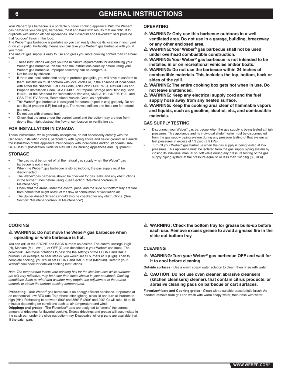 General instructions, For installation in canada, Storage | Cooking ƽ warning: do not move the weber, Cleaning ƽ warning: turn your weber | weber 89839 User Manual | Page 6 / 44