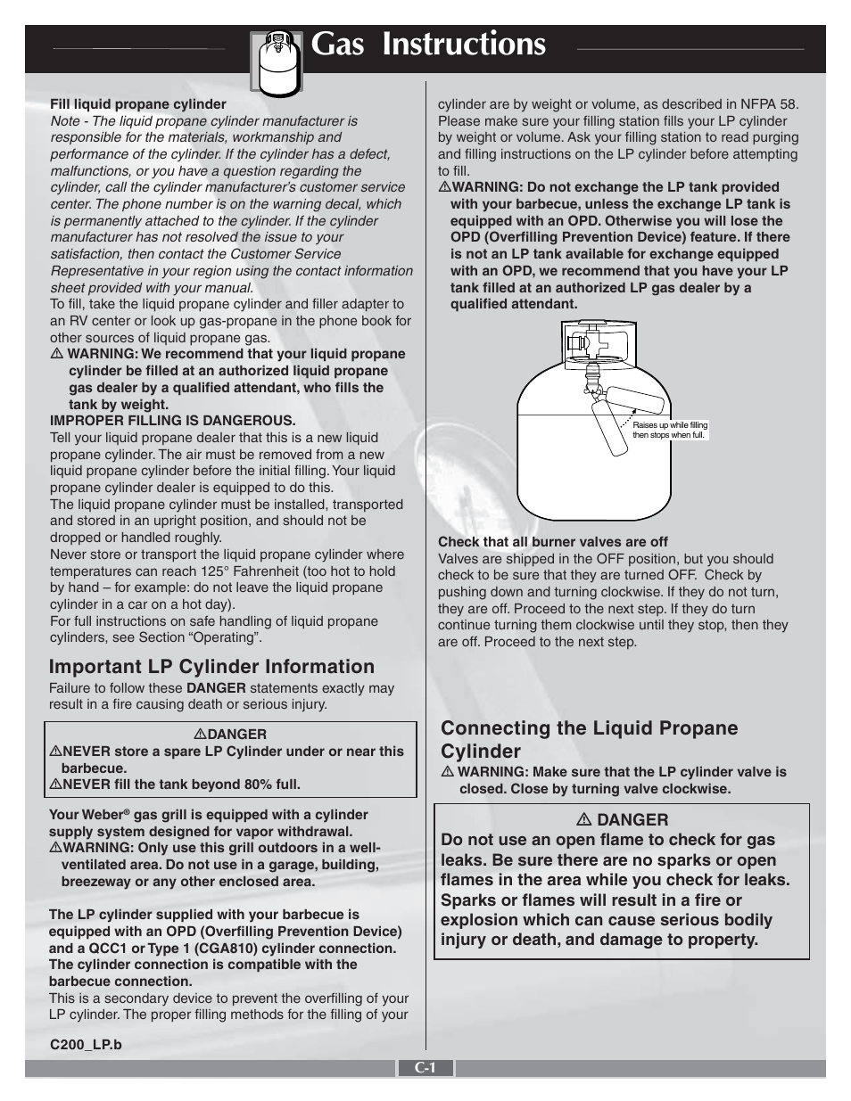 Gas instructions, Important lp cylinder information, Connecting the liquid propane cylinder | weber 55258 User Manual | Page 20 / 29