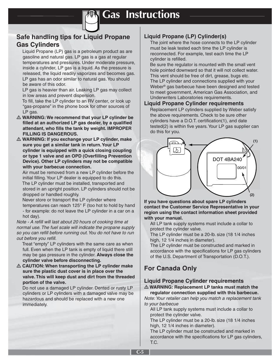 Gas instructions, For canada only | weber 55258 User Manual | Page 24 / 29