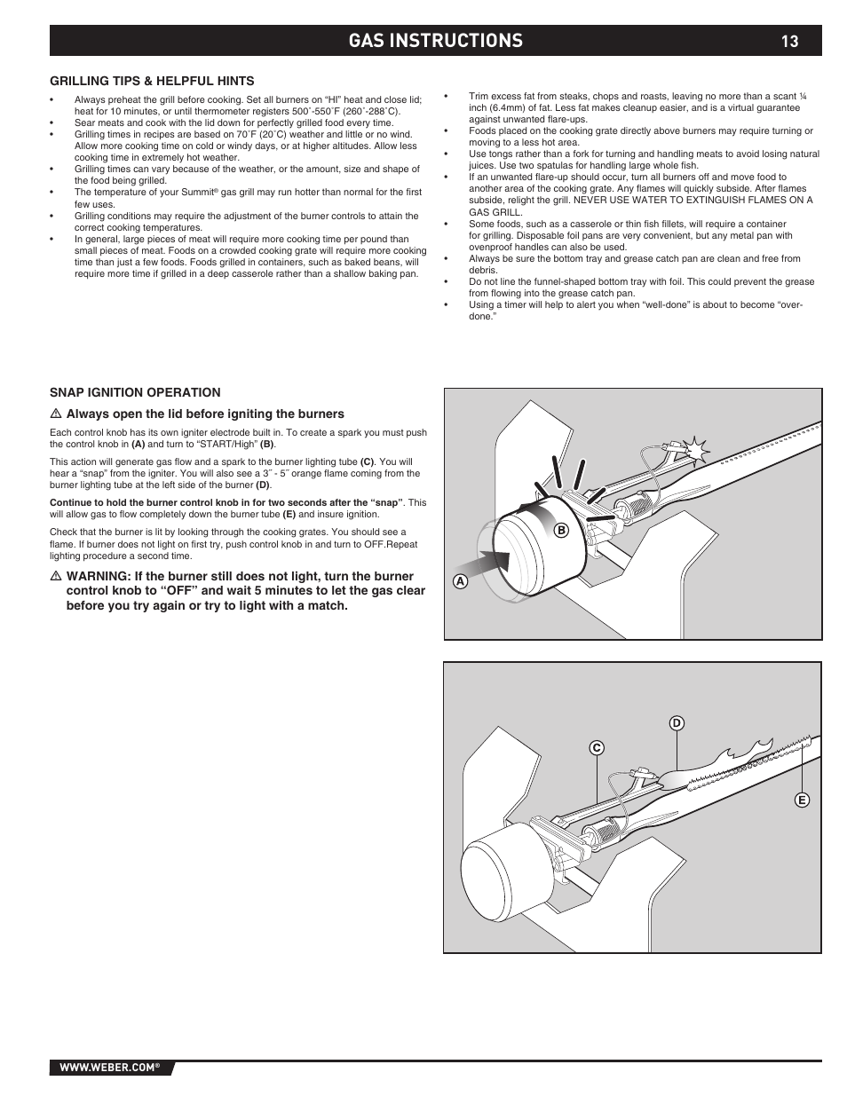 Gas instructions | weber Summit 43143 User Manual | Page 13 / 28